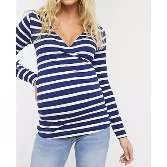 Asos Design Blue and White Striped Maternity Nursing Wrap Top - Size 16 - Picture 4 of 8